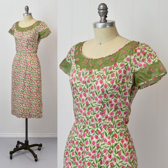 1950s Tulip Floral Novelty Print Wiggle Pencil Dr… - image 3