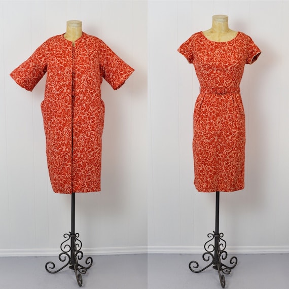 1950s Red Rose Swirl Print Dress & Jacket Two Piec