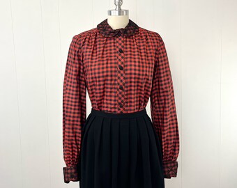 1950s Red Black Gingham Plaid Lace Peter Pan Collar Long Sleeve Taffeta Blouse Shirt Top