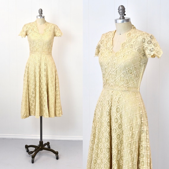 1940s/1950s Spiderweb Lace Cream Ivory Day Dress … - image 1