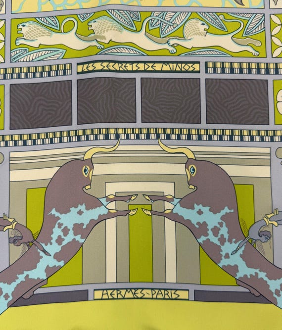 Vintage 2003 Hermes Les Secrets de Minos Greek Mythology Aquatic Sophie Koechlin Neon 90cm Scarf Carré View 3