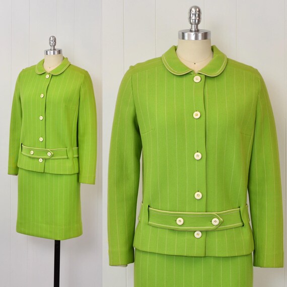 1960s/1970s Lime Green White Striped Wool Blouse … - image 2