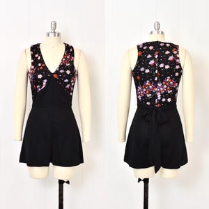 1960s/1970s John Marks England Floral Print Purple Black Sleeveless One Piece Romper Playsuit Jumpsuit