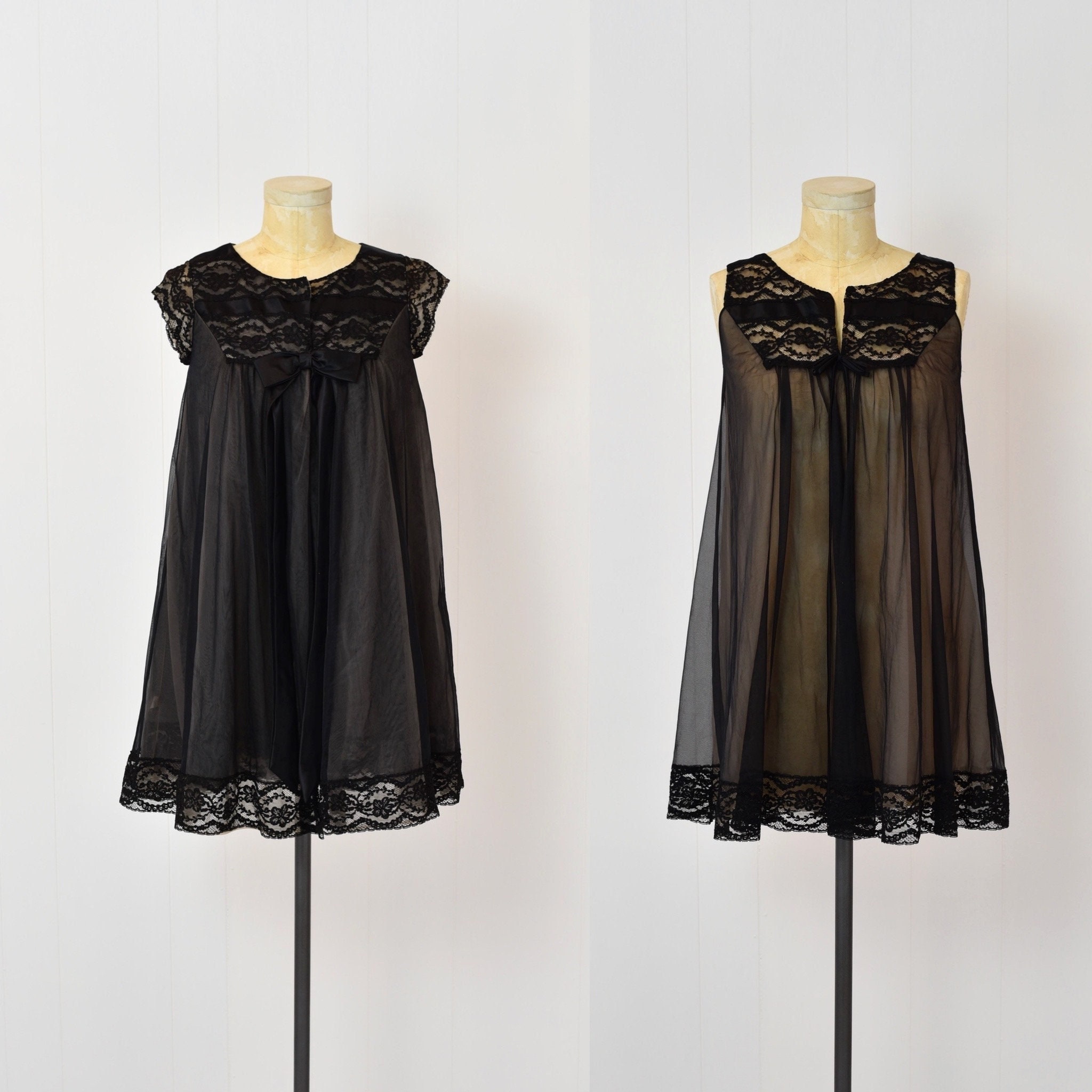 1950s/1960s Black & Light Nude Nylon Floral Lace Alice Maloof Lingerie Peignoir Set Boudoir