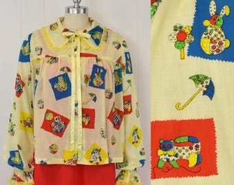 1960s Patchwork Animal Novelty Print Floral Yellow Lace Bed Jacket Lingerie Blouse Top