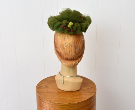 1950s Green Tulle Faux Cherries Fascinator Mini T… - image 5