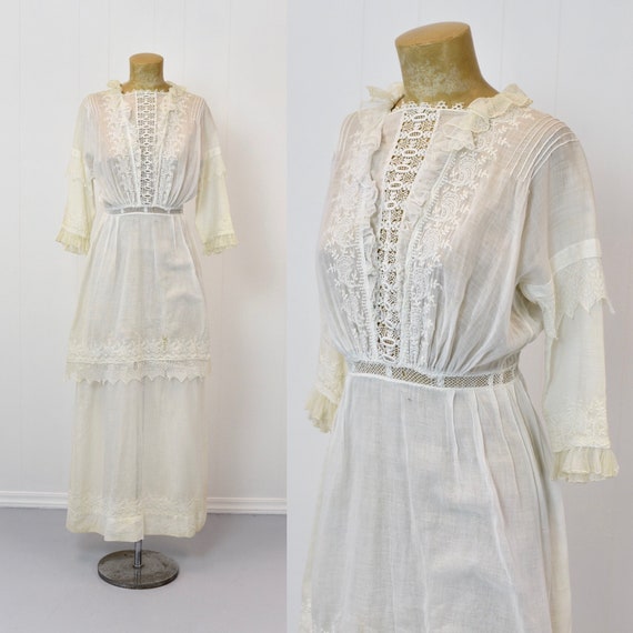 Antique 1900s White Cotton Embroidered Dress - image 1