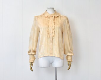 1980s Adolfo Cream Ruffled Silk Blouse Shirt