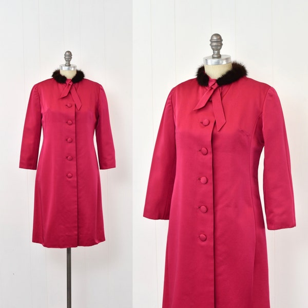 1960s Raspberry Pink Magenta Mink Fur Collar Mid Century Coat Jacket