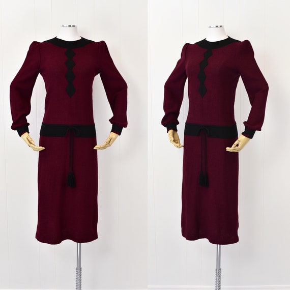 1980's Adolfo Wine Puff Shoulder Dress