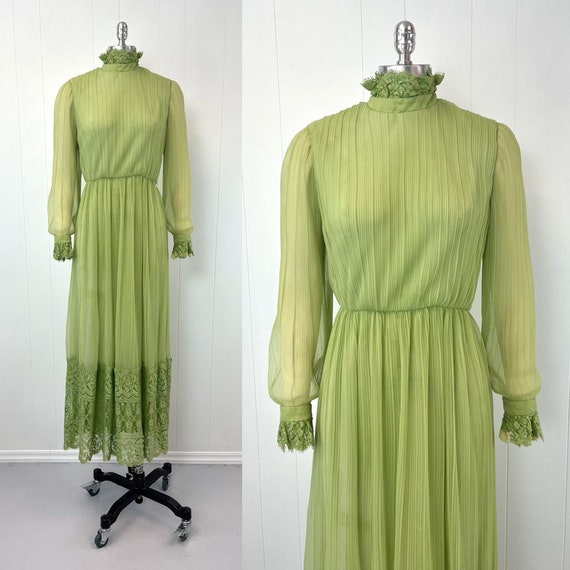 1960s Green Pleated Chiffon Lace Chudik's Birmingham Maxi Dress Gown Palm Royale