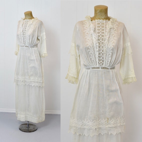 Antique 1900s White Cotton Embroidered Dress - image 2