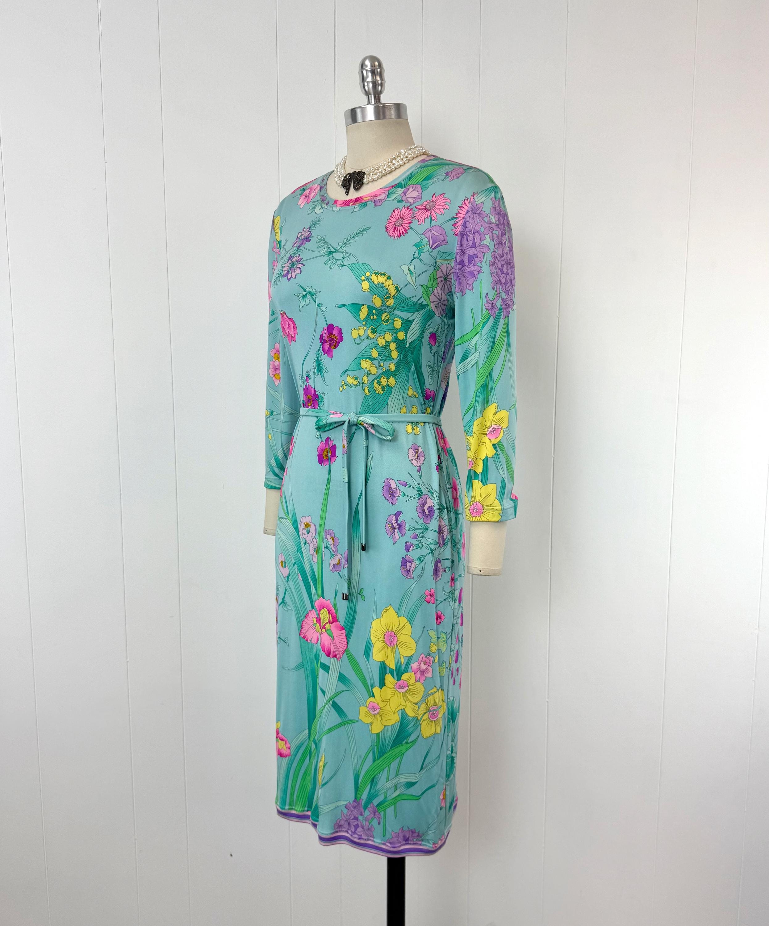Vintage Leonard Paris Blue Floral Berry Fruit Novelty Print Silk