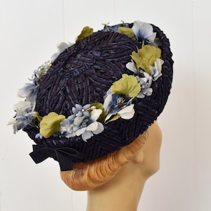 SWEET 1960\'s NAVY STRAW  HAT + FABRIC \