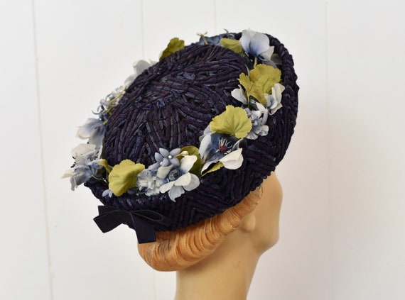 1950s/1960s Navy Blue Faux Floral Bow Mid Century… - image 1