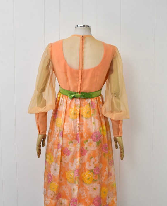 Vintage 70s Cocktail Dress Taffeta & Chiffon Orange Apricot Gown S