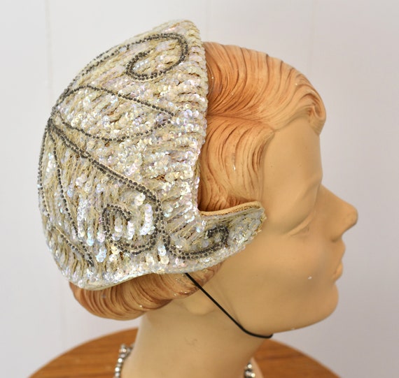 1950s Sequin Beaded Bridal Wedding Skull Cap Fasc… - image 10