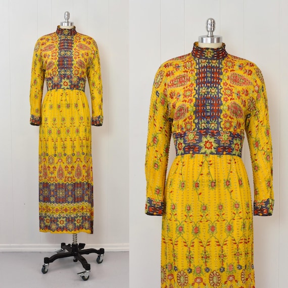 1960s Yellow Metallic Gold Floral Jerry Marsch for Mardi Gras Maxi Dress Gown