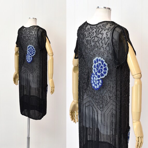 1920s Black Beaded Blue Floral Sheer Flapper Dress - image 6