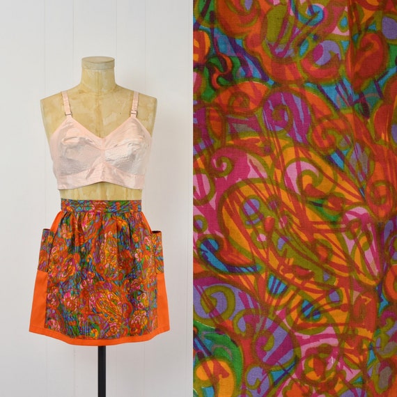 1960s Psychedelic Paisley Colorful Groovy Orange Cotton Mid Century Kitchen Apron