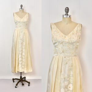 1960s Sequin Beaded Floral Brocade Off White Cream Bridal Wedding Maxi Dress Gown As Is