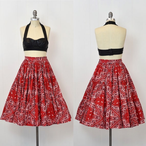 1950s Red Bandana Paisley Novelty Print Circle Squ