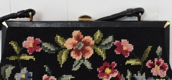 1940s/1950s Black Floral Tapestry Needlepoint Lea… - image 7