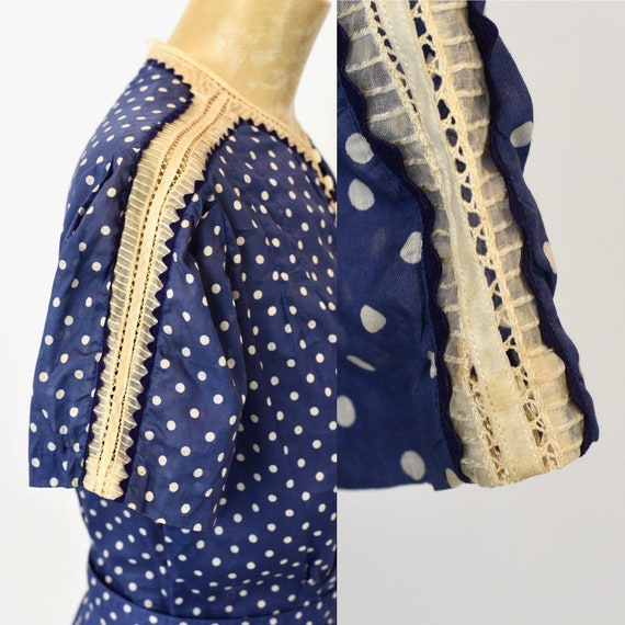 Early 1940s Polka Dot Blue Lace Dress with Belt - image 9