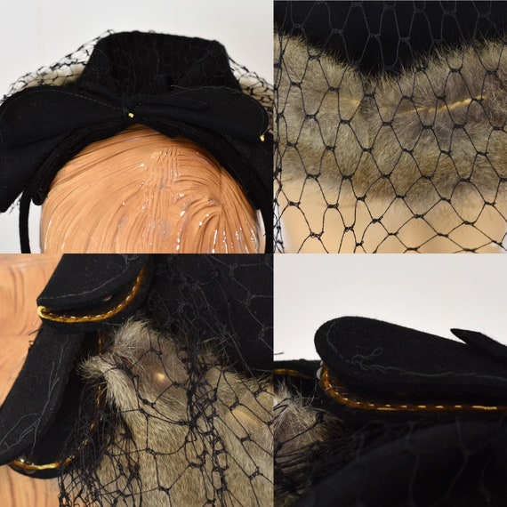 1940s Black Veiled Fur Sequin Bow Top Hat Fascina… - image 10