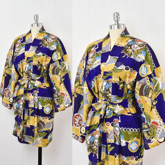 Blue Samurai Robe 1970s Blue Japanese Asian Inspired Samurai Novelty Pr… - Gem