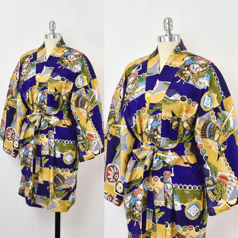 1970s Blue Japanese Asian Inspired Samurai Novelty Print Metallic Haori ...