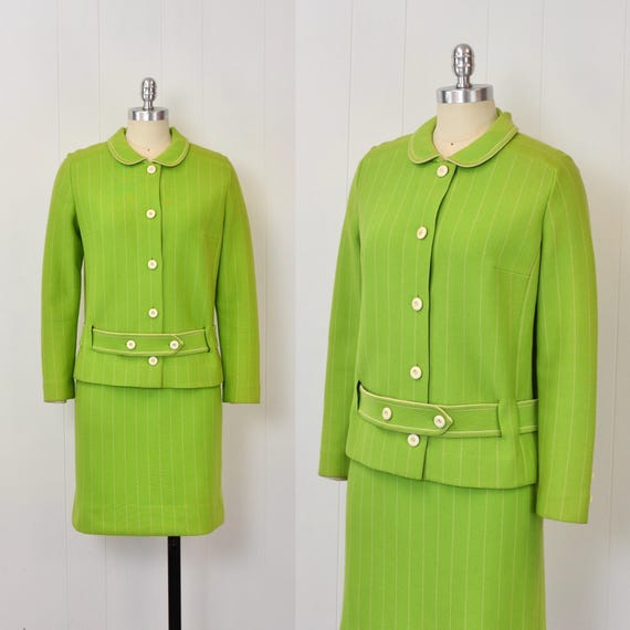 1960s/1970s Lime Green White Striped Wool Blouse … - image 1