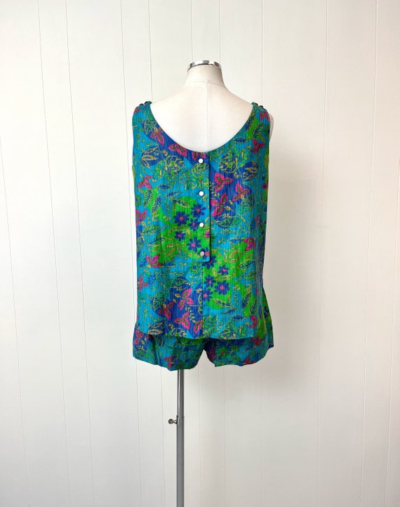 1960s/1970s Blue Green Floral Cotton Two Piece Pl… - image 6