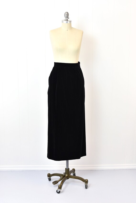 1980s Yves Saint Laurent Black Velvet Skirt with … - image 2