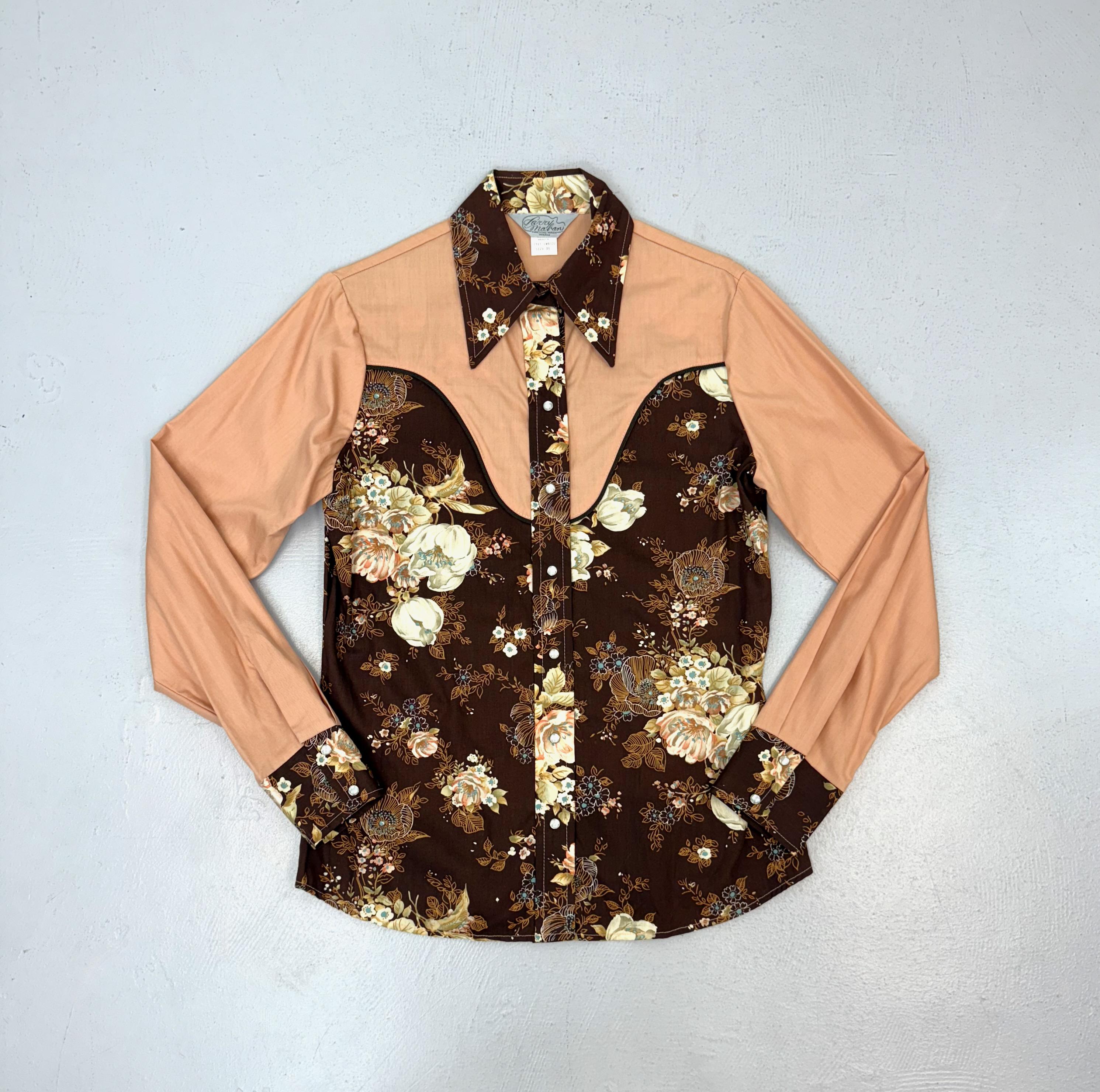 1970s Larry Mahan Western Floral Print Pearl Snap Cowgirl Long 