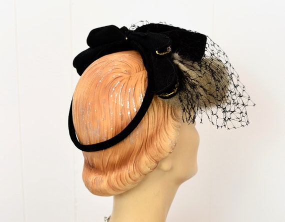 1940s Black Veiled Fur Sequin Bow Top Hat Fascina… - image 8
