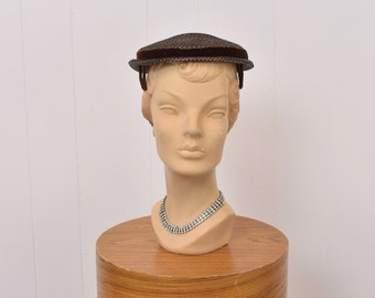 1950s Brown Straw Velvet Ribbon Bow Fascinator Skull Cap Hat