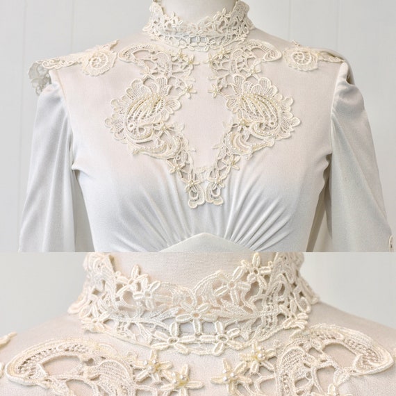 1970s White Lace Pearl Beaded Wedding Bridal Gown… - image 4