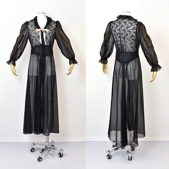 1940s Sheer Black Lace Boudoir Lingerie Robe with… - image 1