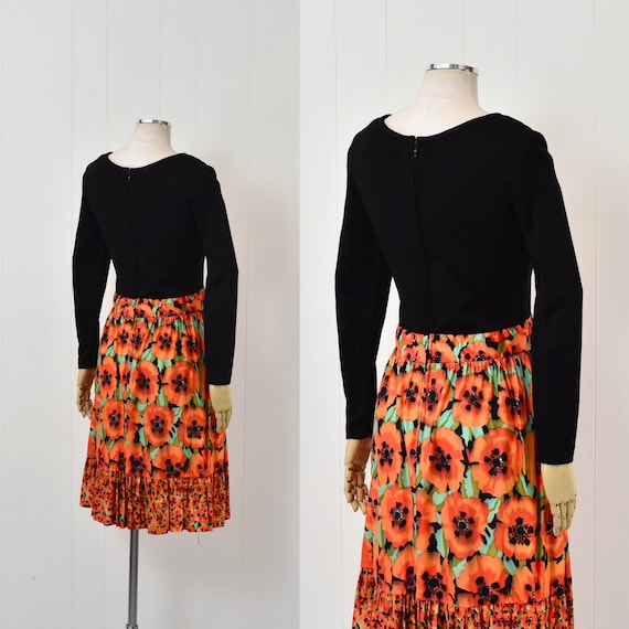 1970s Poppy Floral Orange Black Dress & Shawl Wra… - image 10