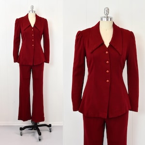 1970s Burgundy Dark Red Knit Blouse Top Bell Bottom Pants Matching Two Piece Suit Set