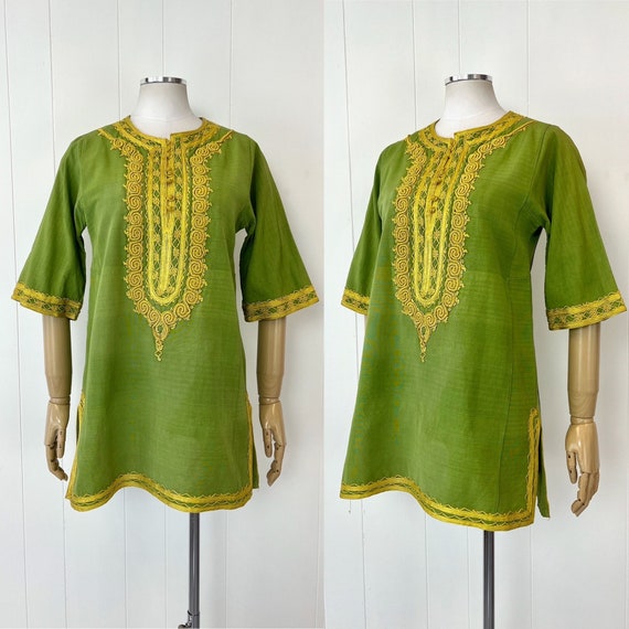 1960s/1970s Green Yellow Embroidered Grosgrain Wo… - image 1