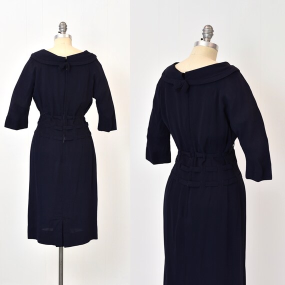 Early 1950s Paul Parnes Navy Blue Bow Pinup Dress - image 6
