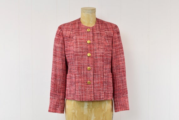 Vintage Chanel Inspired Pink Red Gold Logo Button Jacket - Etsy