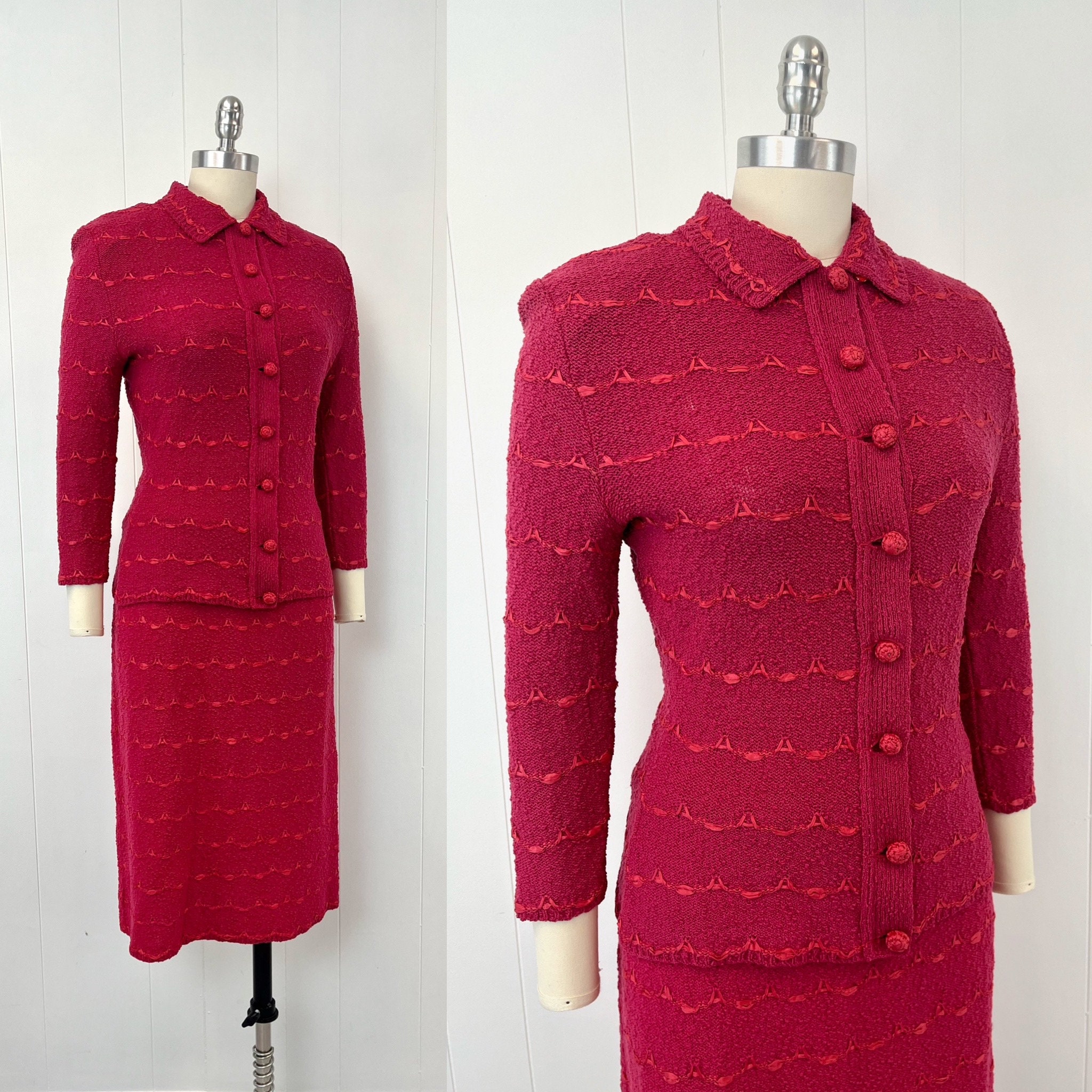 1940s/1950s Magenta Pink Red Ribbon Striped Hand Loomed Wool
