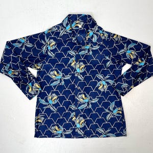 1970s Orchid Floral Navy Blue Nylon Polyester Semi Sheer Mens Long Sleeve Disco Shirt