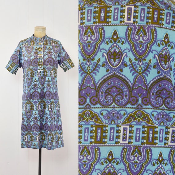 1970s Goldworm Psychedelic Blue Purple Print Gold 