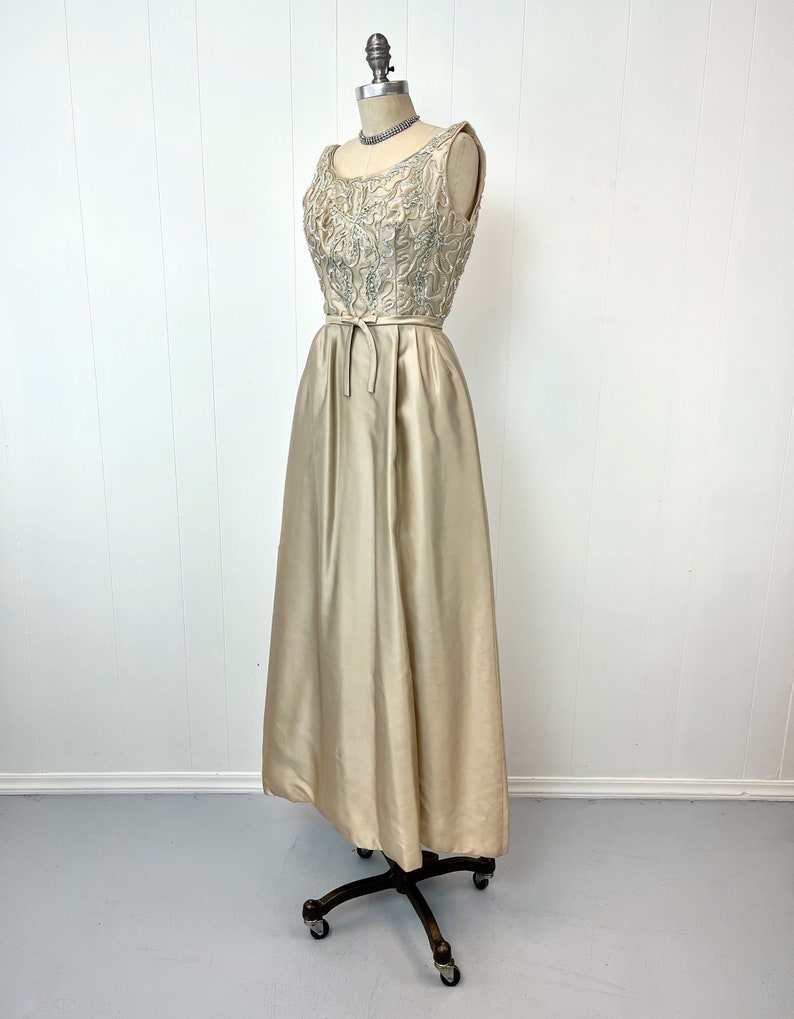 1960s Champagne Ribbon Sequin Embroidered Party Dress Gown image 3