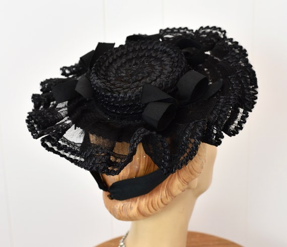 1940s Black Ribbon Bow Straw Tulle New York Creat… - image 7