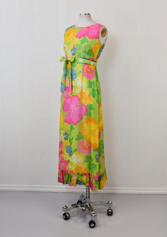 1960s Hawaiian Colorful Floral Ruffle Silk Chiffo… - image 2